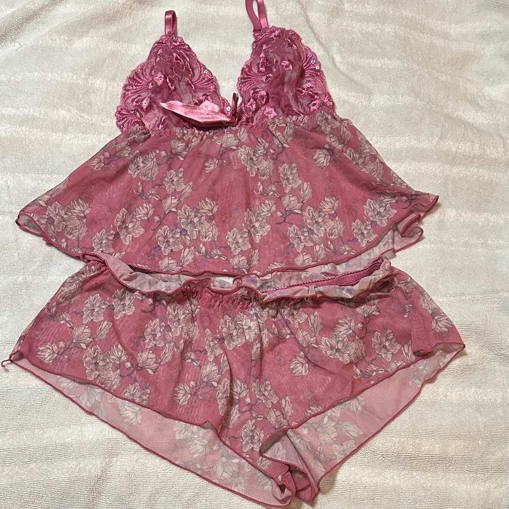 Floral Lace Sleepwear Set - Pink